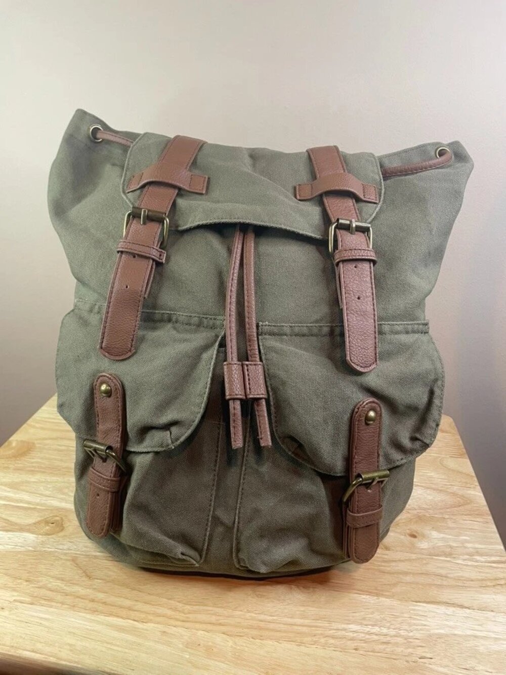 Mossimo Supply Co Olive Green Canvas Backpack Faux Leather Drawstring Bookbag
